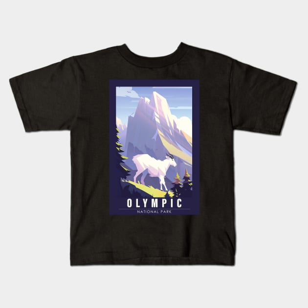 Olympic National Park Travel Poster Kids T-Shirt by GreenMary Design